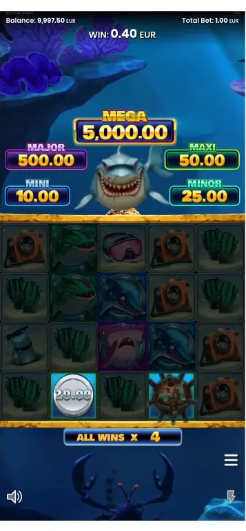 Basisspiel mit Mystery-Symbolen auf den Walzen – Razor Shark Jackpots von Push Gaming